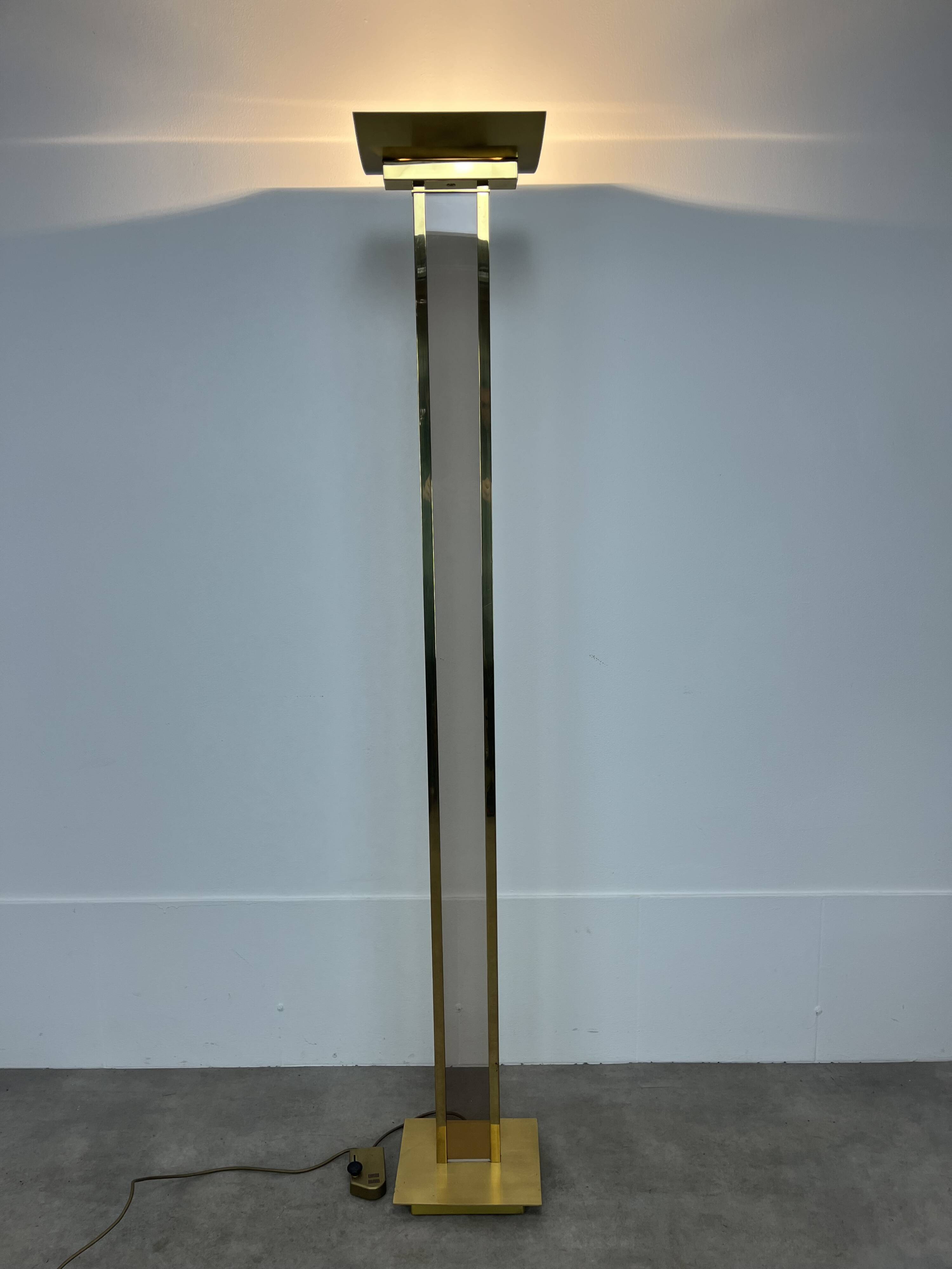 70s floor lamp in brass and smoked plexiglass, Hollywood Regency