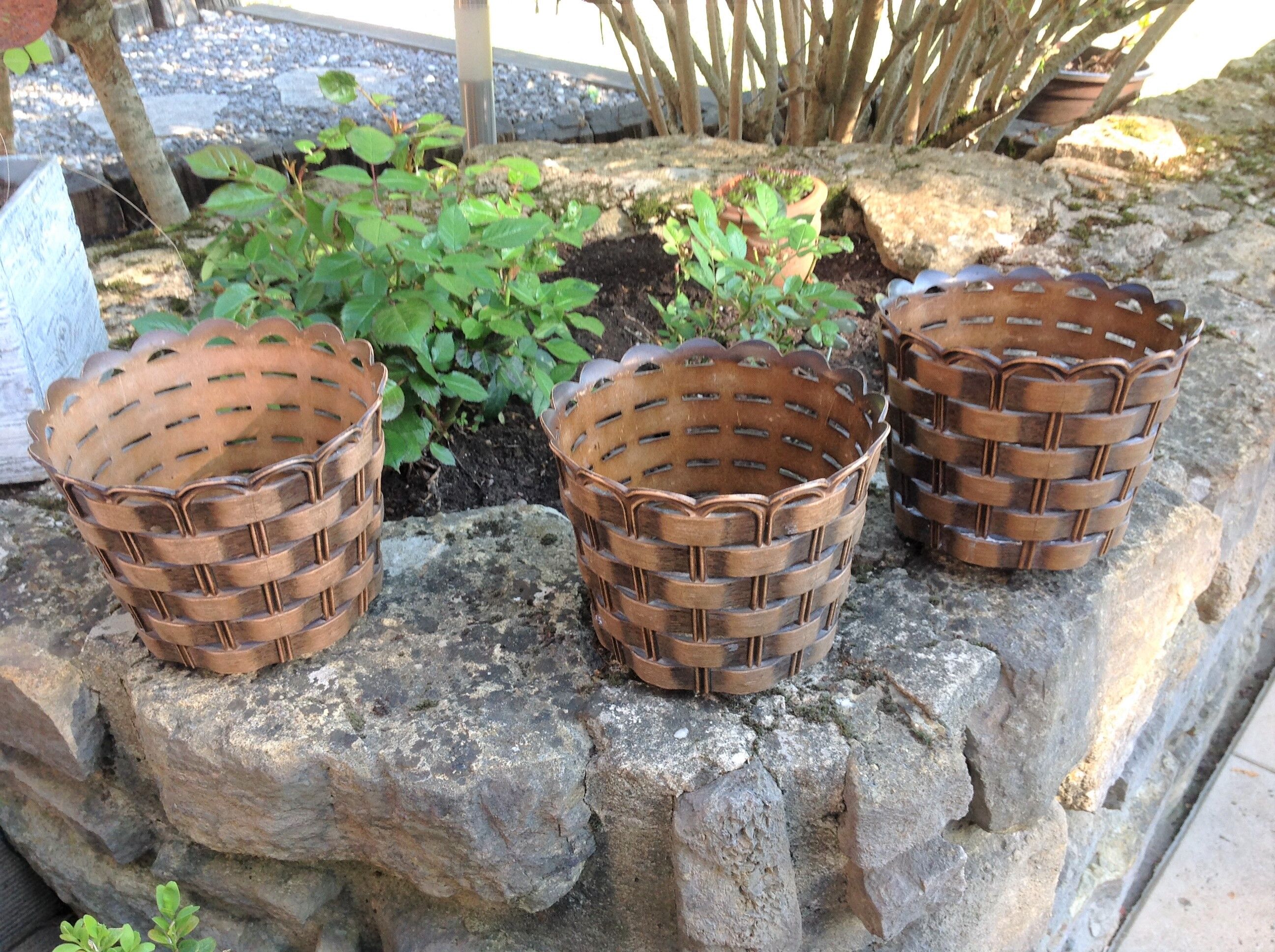 Suite of three cache pots imitation wicker braided by Emsa / vintage 60s-70s