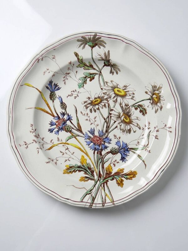 Plat creux ancien Longchamp Marguerites en terre de fer polychrome