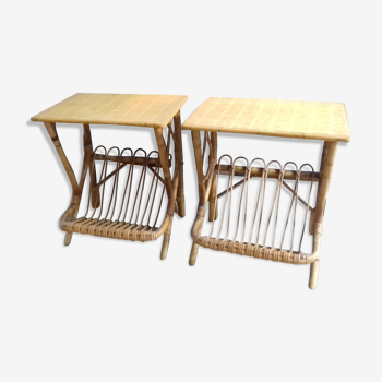 Tables de chevet avec porte revues en bambou rotin des années 50/60