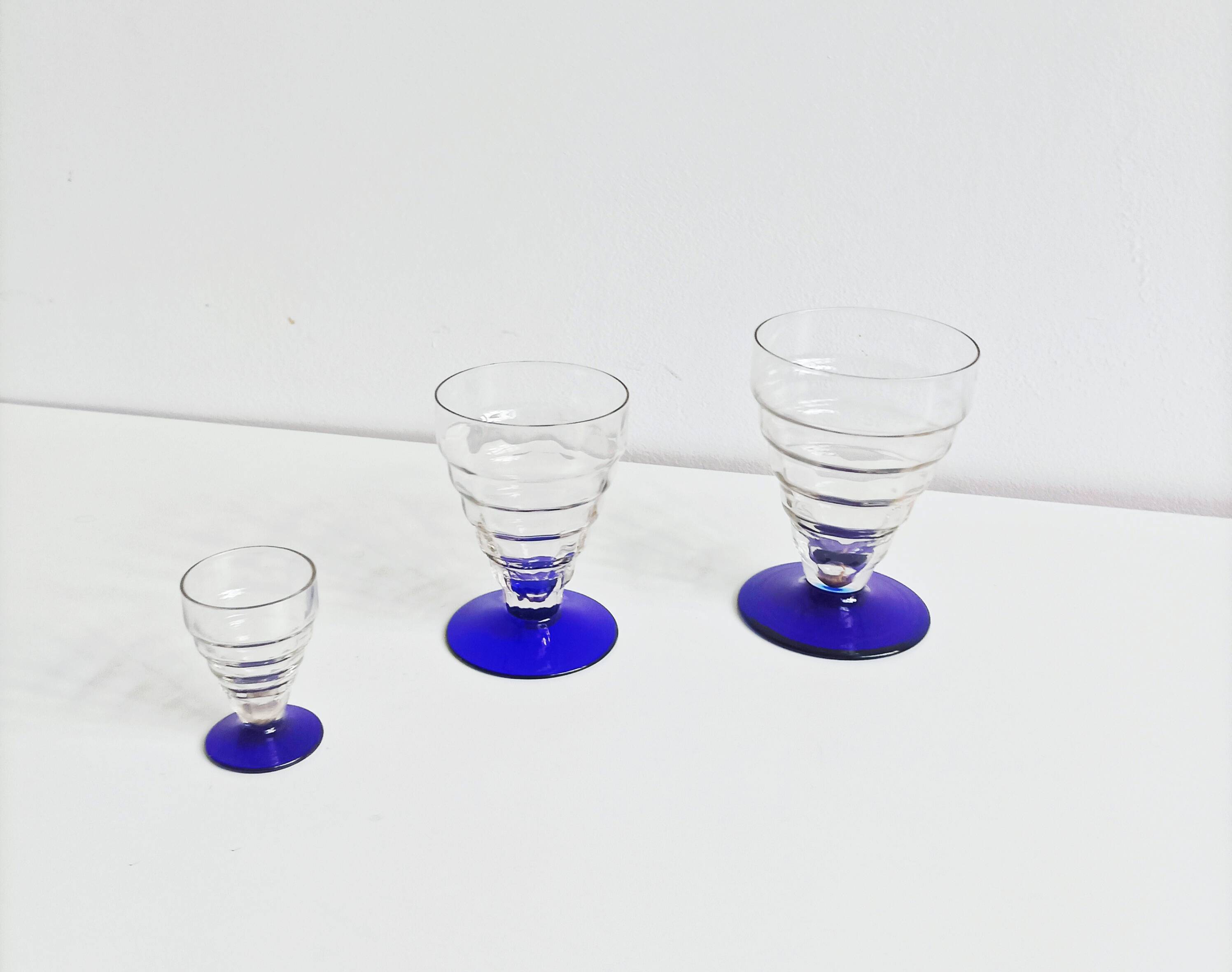 Set of 16 antique Art Deco cobalt blue stemmed glasses