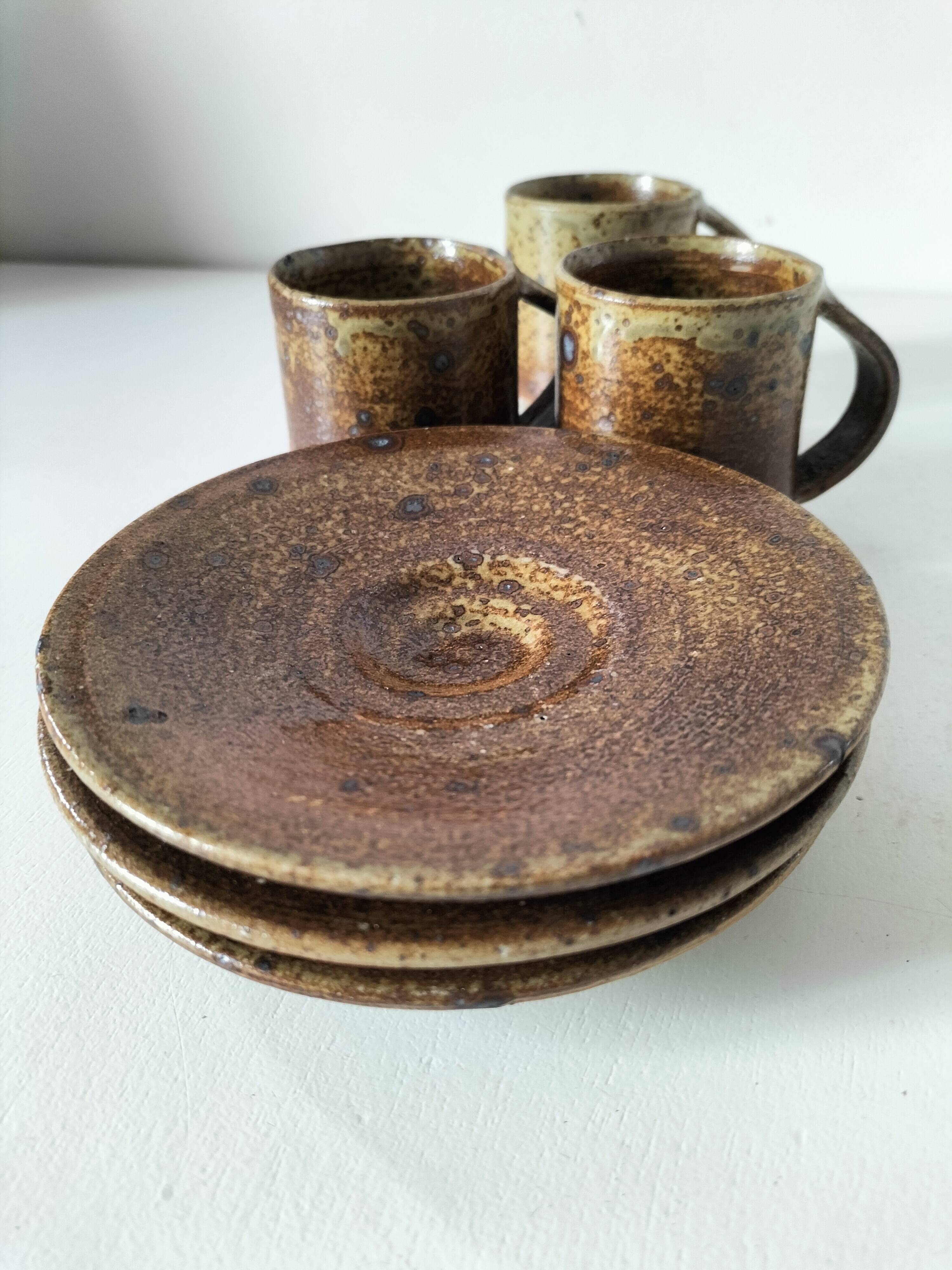 Set of three cups and saucers in pyrite stoneware - Charles Gaudry, Puisaye