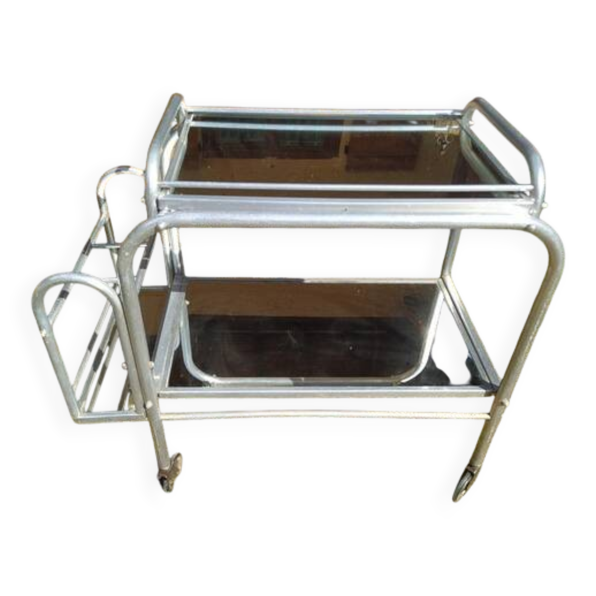 Modernist aluminum trolley with mirrored tops