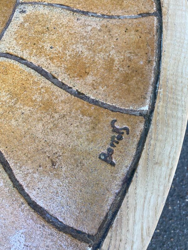 Table à manger Barrois ronde vintage rénovée en chêne massif et céramique