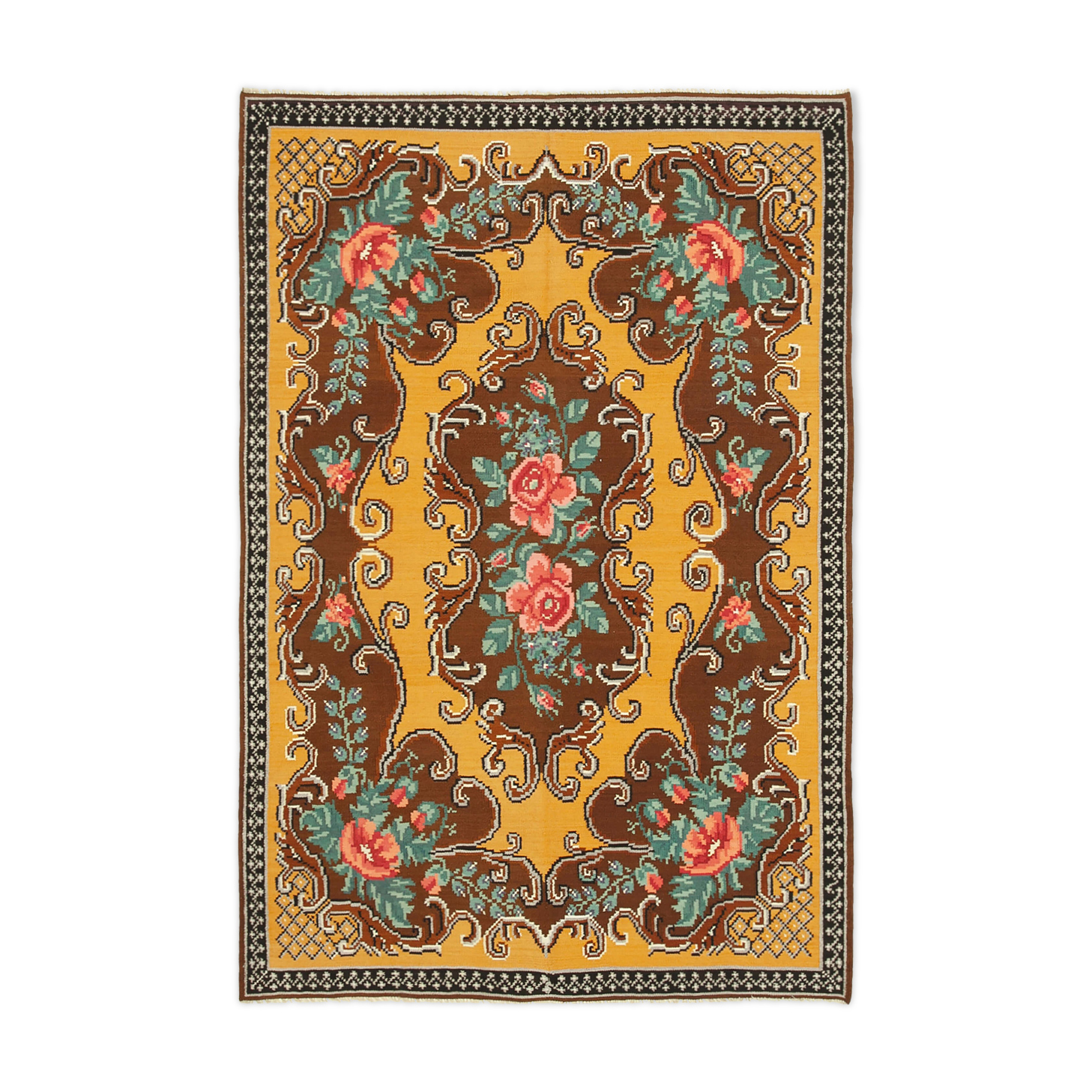 Hand-Knotted Vintage Bessarabian Brown Kilim 176 cm x 262 cm - 23401