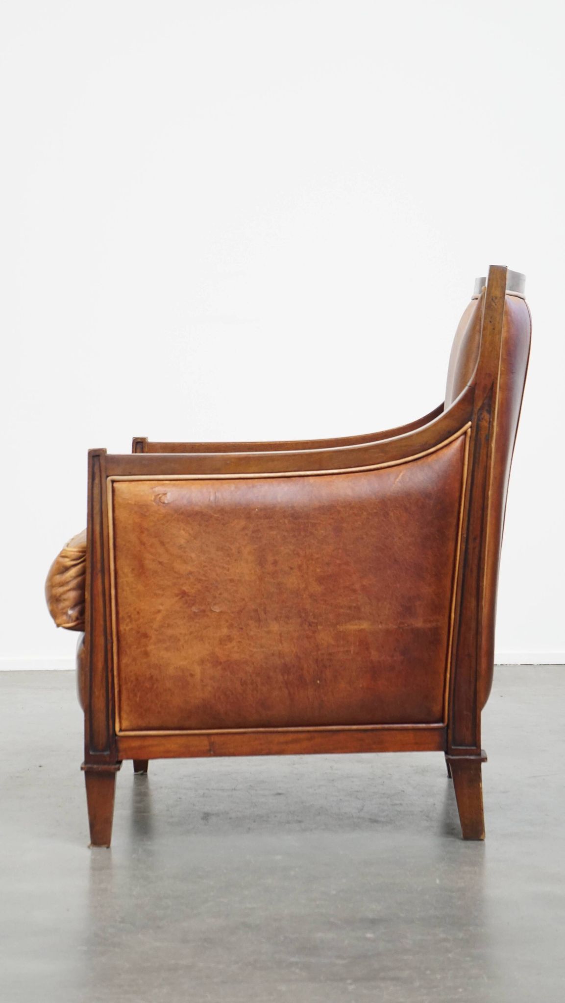 Cognac-Colored Sheepskin Leather Art Deco Design Chair Combined with Wood