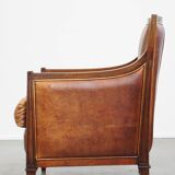 Cognac-Colored Sheepskin Leather Art Deco Design Chair Combined with Wood