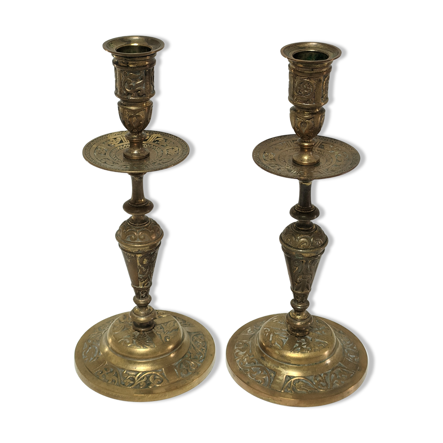 Pair of candle holders patinated bronze floral decoration early twentieth century