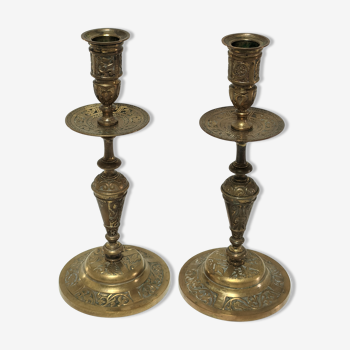 Pair of candle holders patinated bronze floral decoration early twentieth century