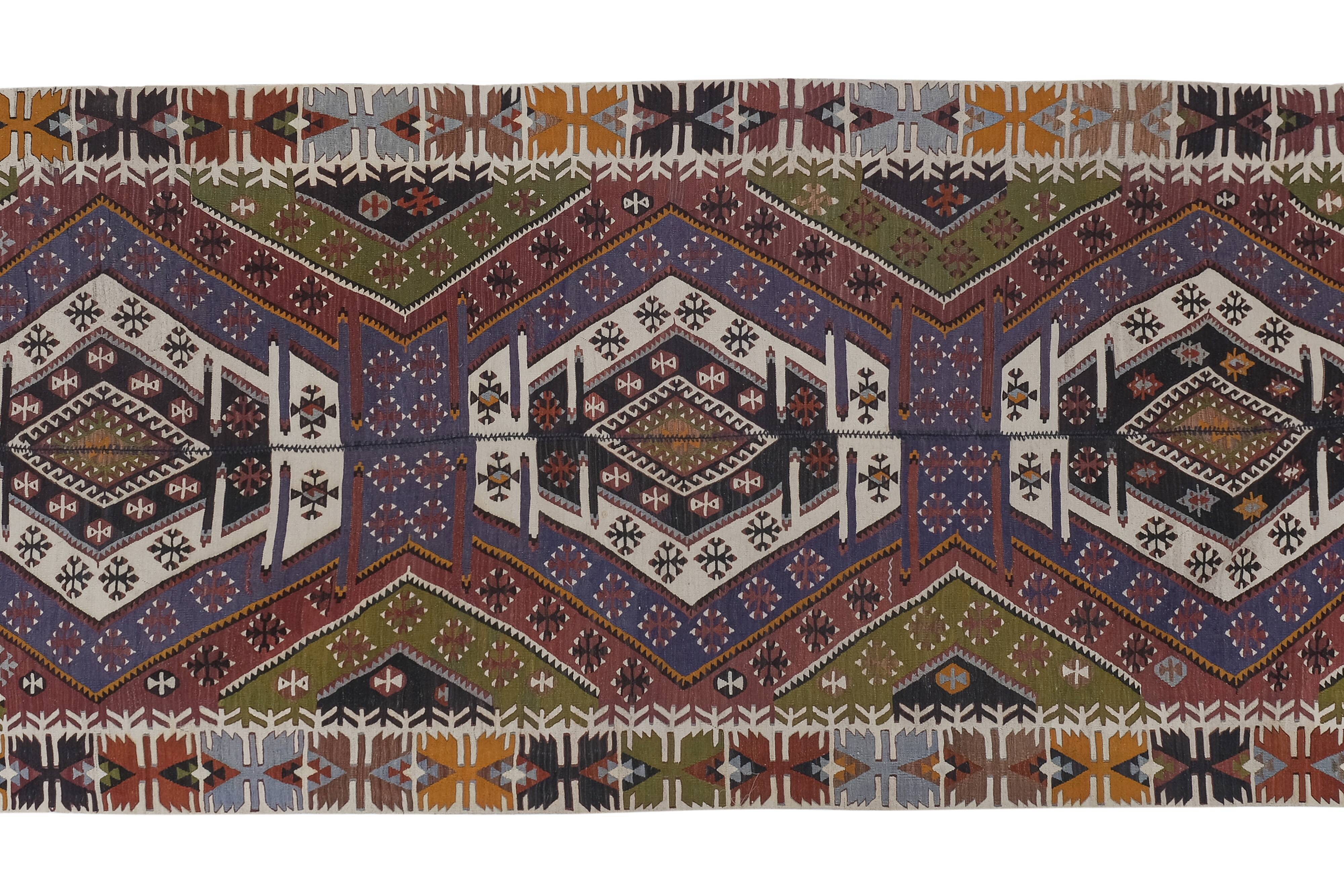 Ancient Turkish Anatolian Tribal Kilim, Geometric Organic Wool Kilim Rug