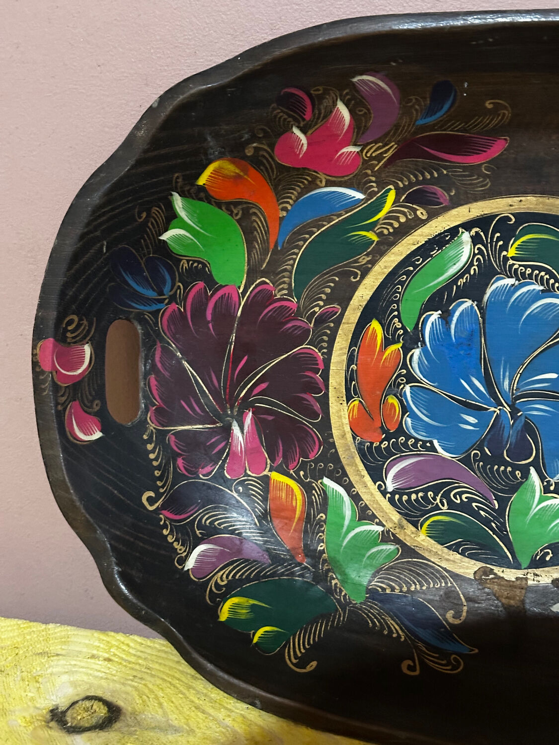 Mid-century hand-painted floral decorative tray / catchall 49 cm / 33 cm