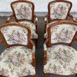 4 Louis XV solid wood armchairs upholstered in beige floral fabric