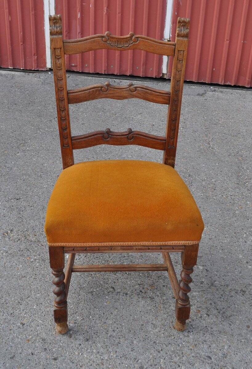 Pair of mid-century chairs from the 1950s in brown oak and straw yellow velvet — set of 2