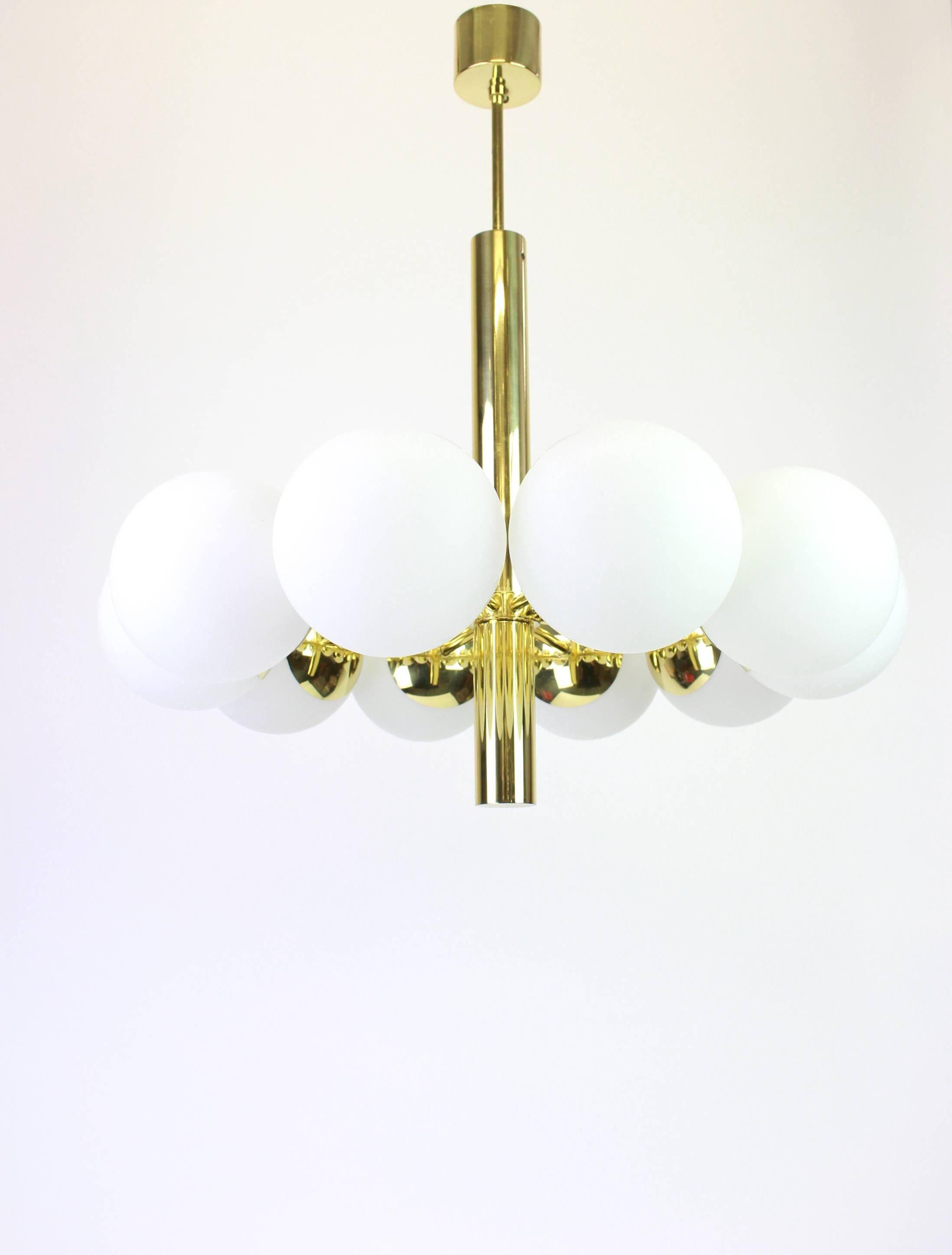 1 of 2 large splendid Kaiser Sputnik chandeliers with opal globes, Germany, 1970s
