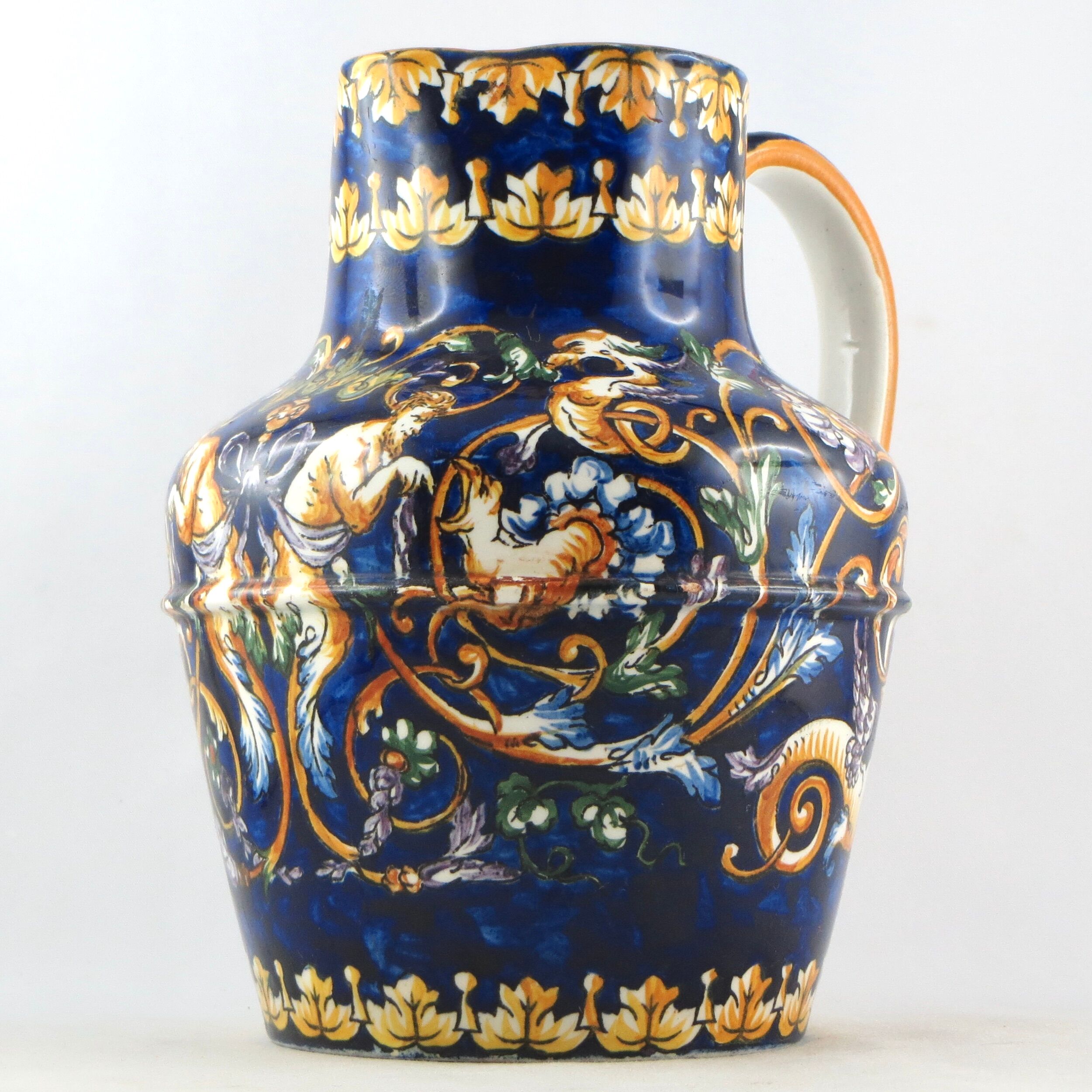 Ancien pichet/broc faïence de gien, renaissance, french ceramic/limoges/putti