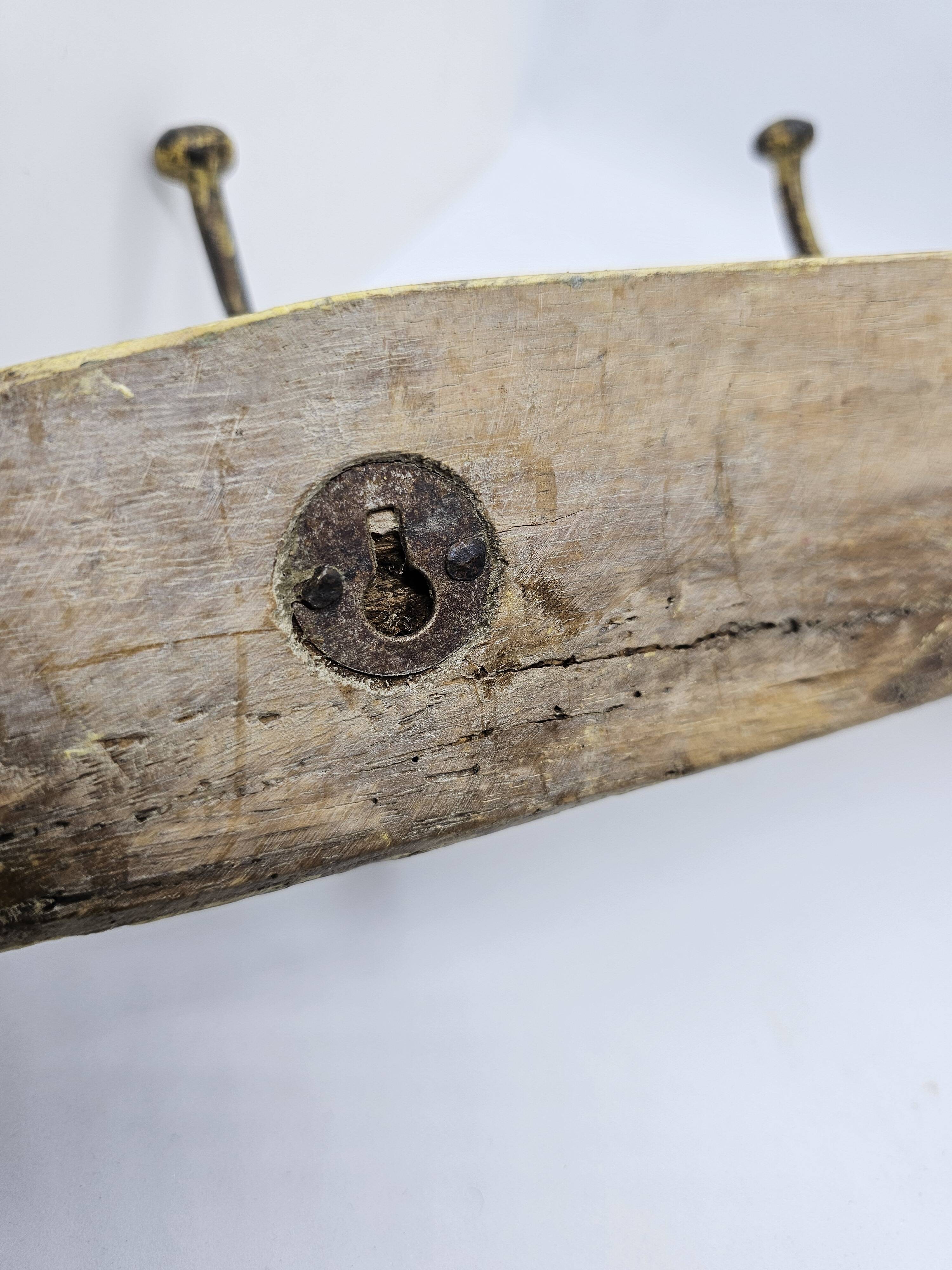 Solid teak coat hook with 3 double cast iron hooks