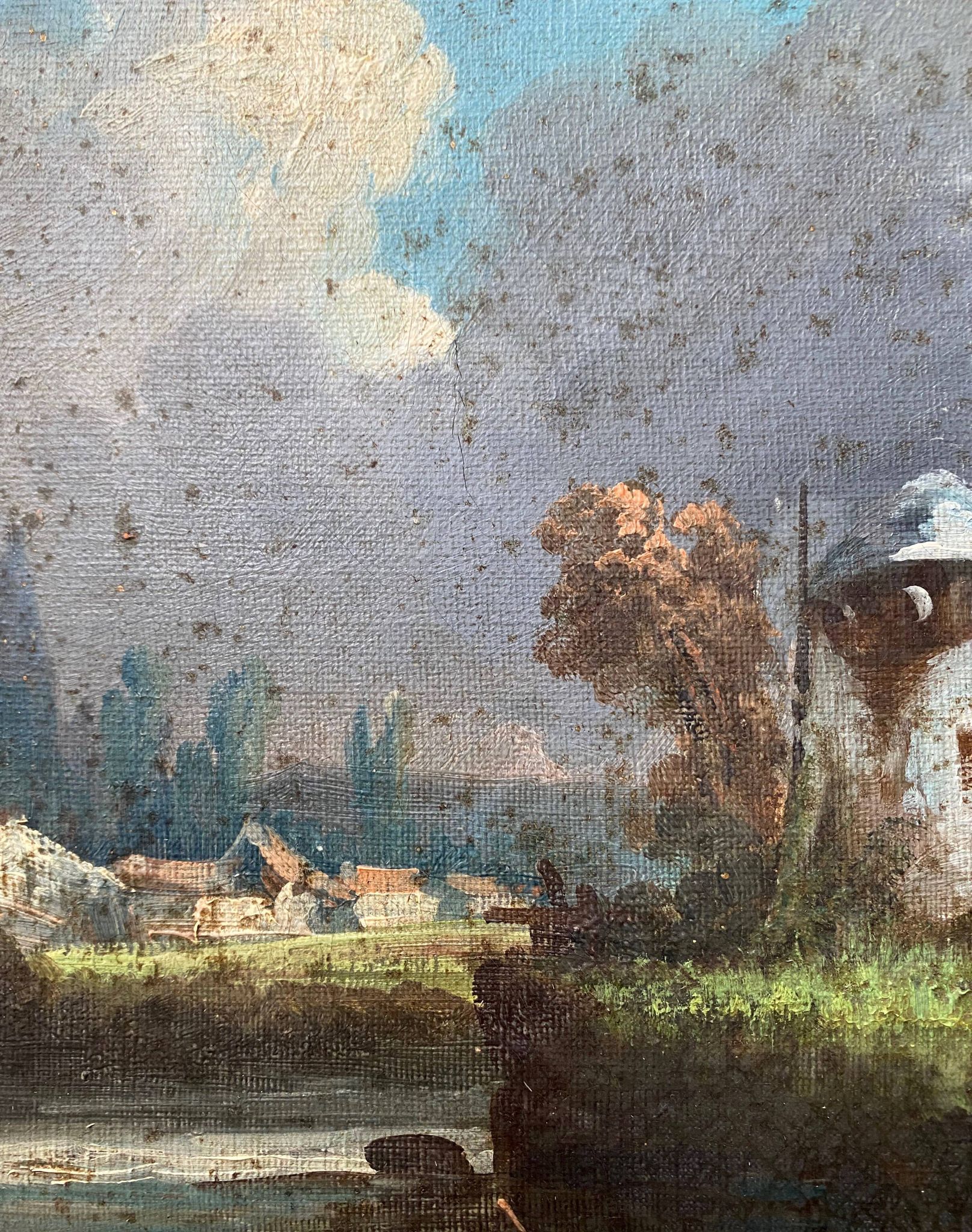 HST painting "Landscape with towns and fishermen" signed Texier + frame XIX°