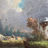 Tableau HST "Paysage aux vilage et pêcheurs" signé Texier + cadre XIX°