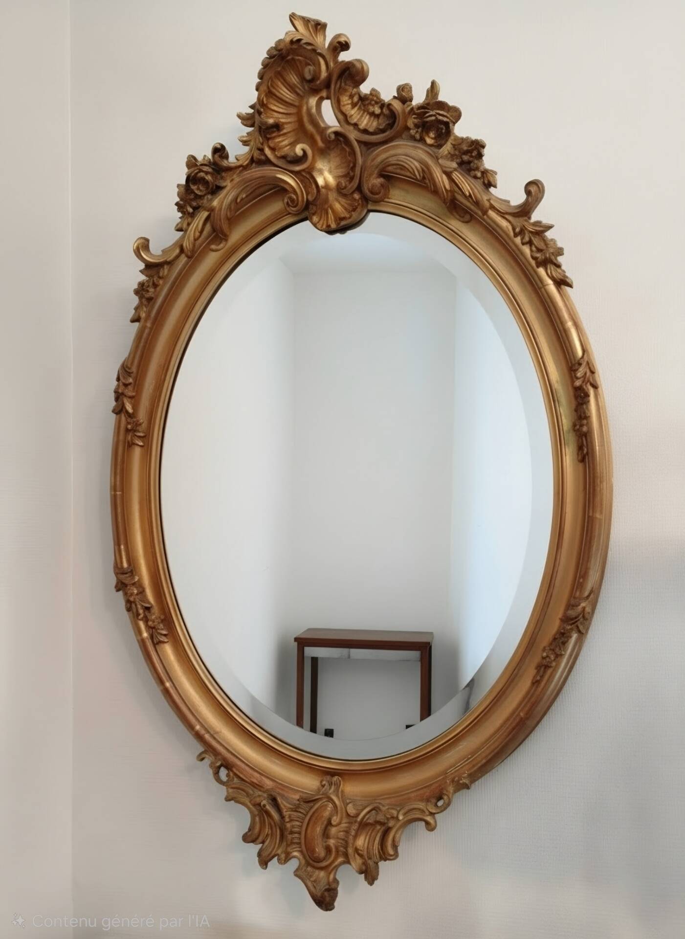 Antique oval mirror in gilded wood with gold leaf – bevelled glass –