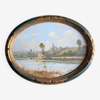 Tableau HSP "Paysage lacustre au village" éc. barbizon signé Gilbert + cadre