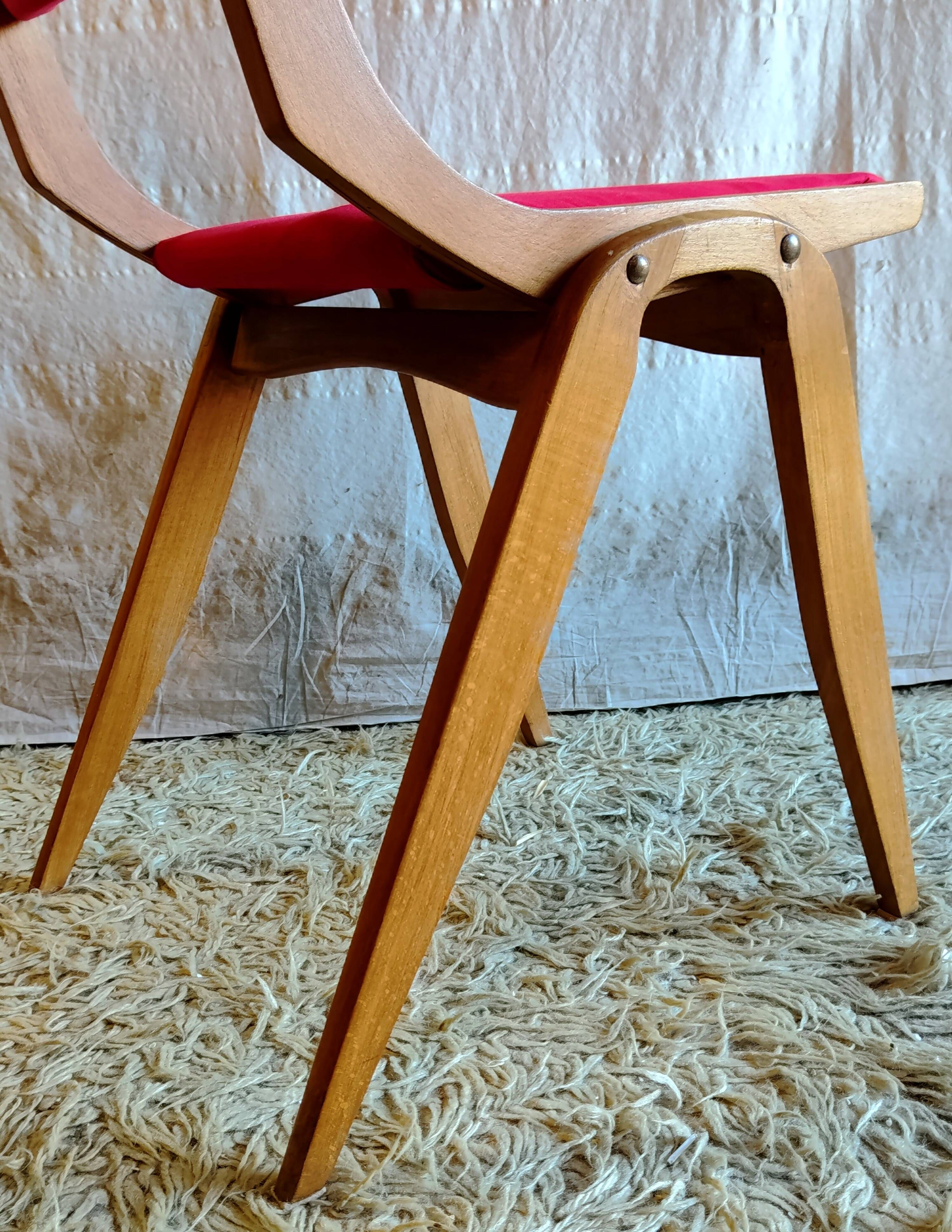 Solid wood chair with red fabric - 50's design