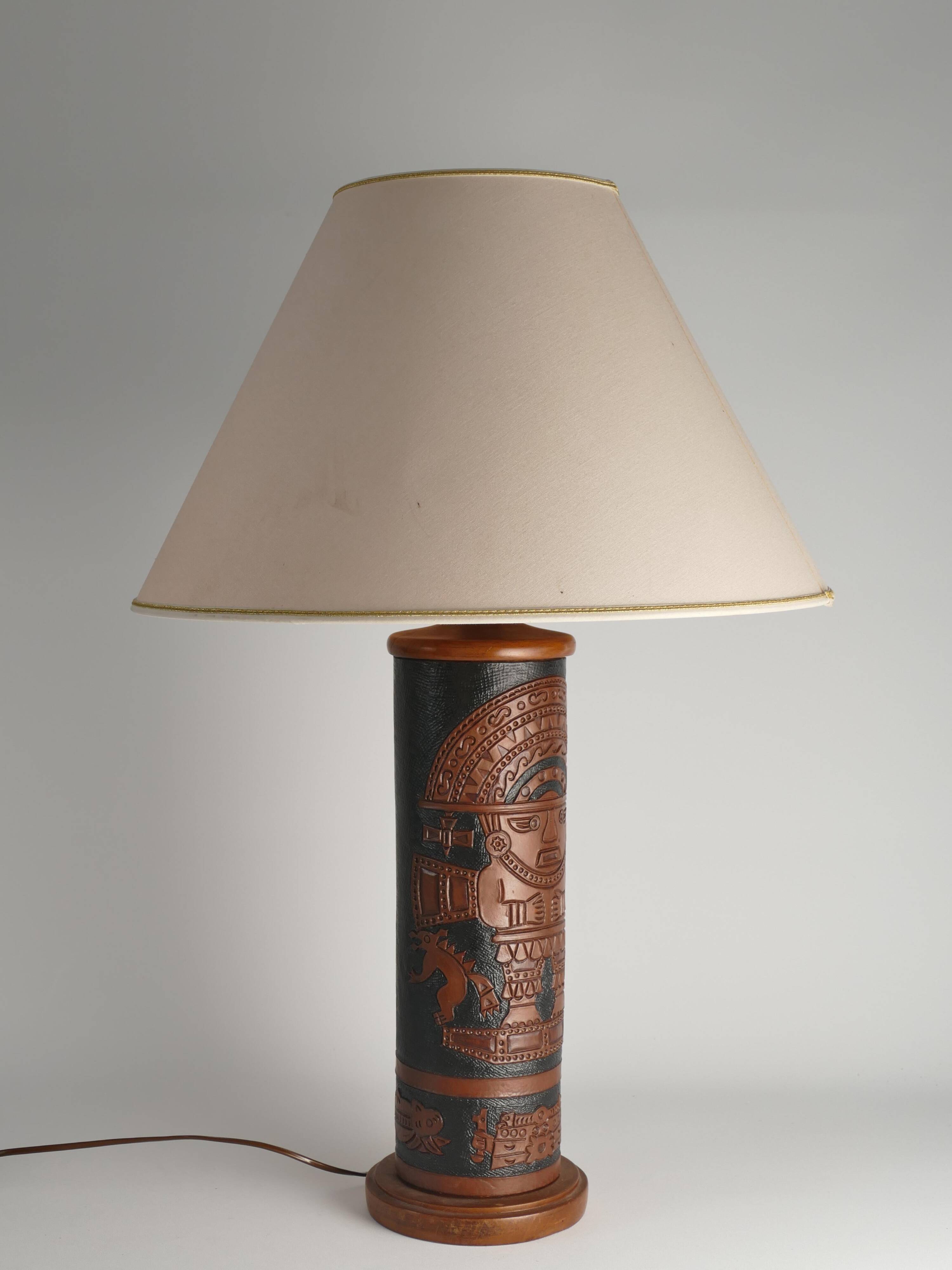 Mid-Century Modern Aztec Motif Hand Tooled Leather Table Lamp