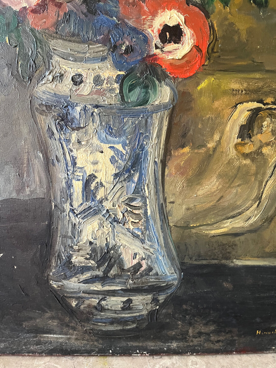 Bouquet of flowers on an entablature, signed