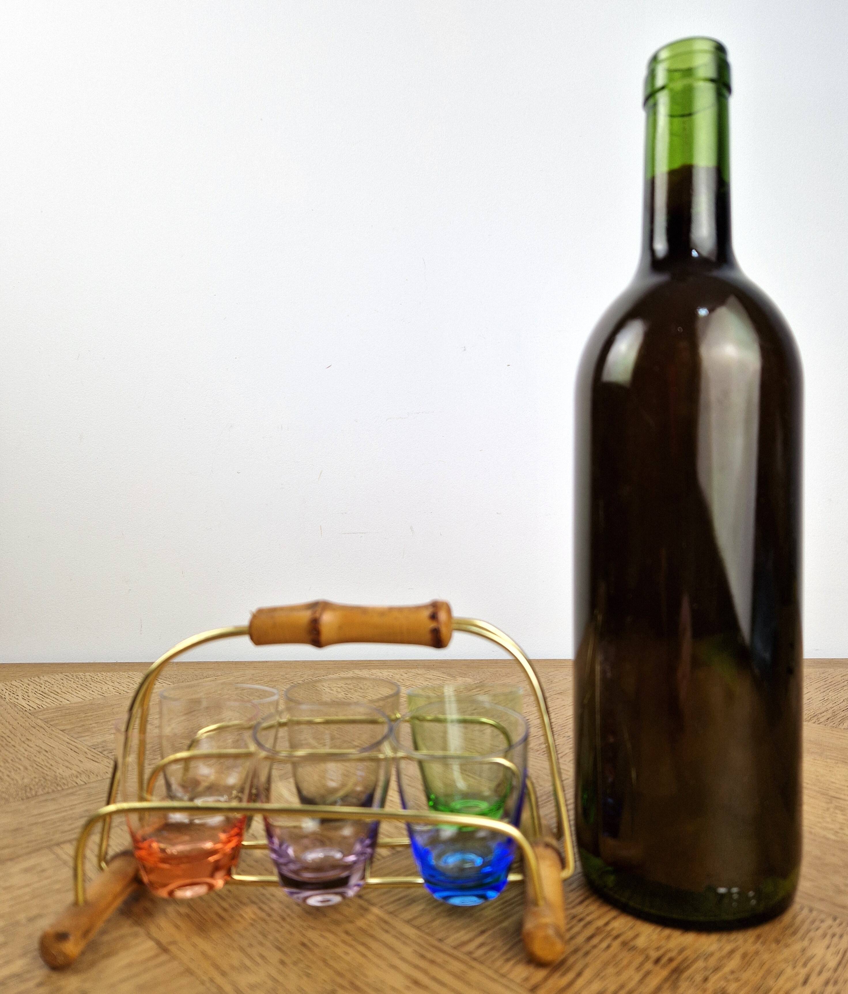 6 Old multicoloured liqueur glasses with bamboo stand