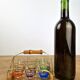 6 Old multicoloured liqueur glasses with bamboo stand