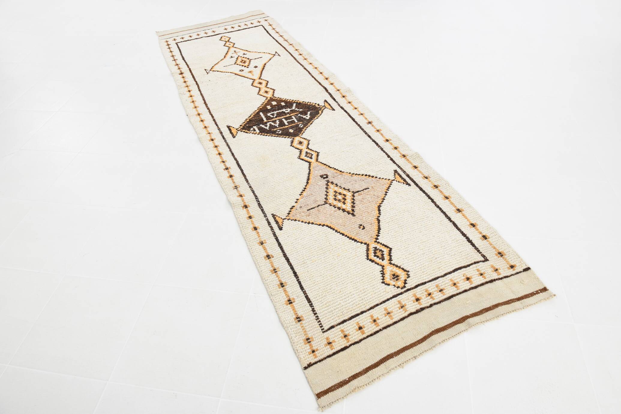 Beige & Brown Classic Turkish Runner Rug, 100x332Cm