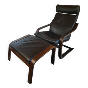 Fauteuil bois et cuir - chocolat