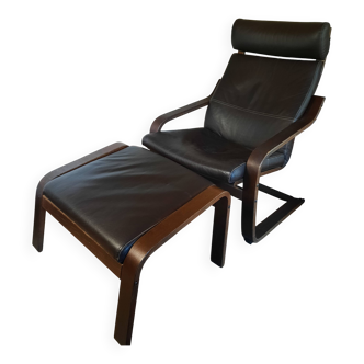 Wood and chocolate leather armchair
