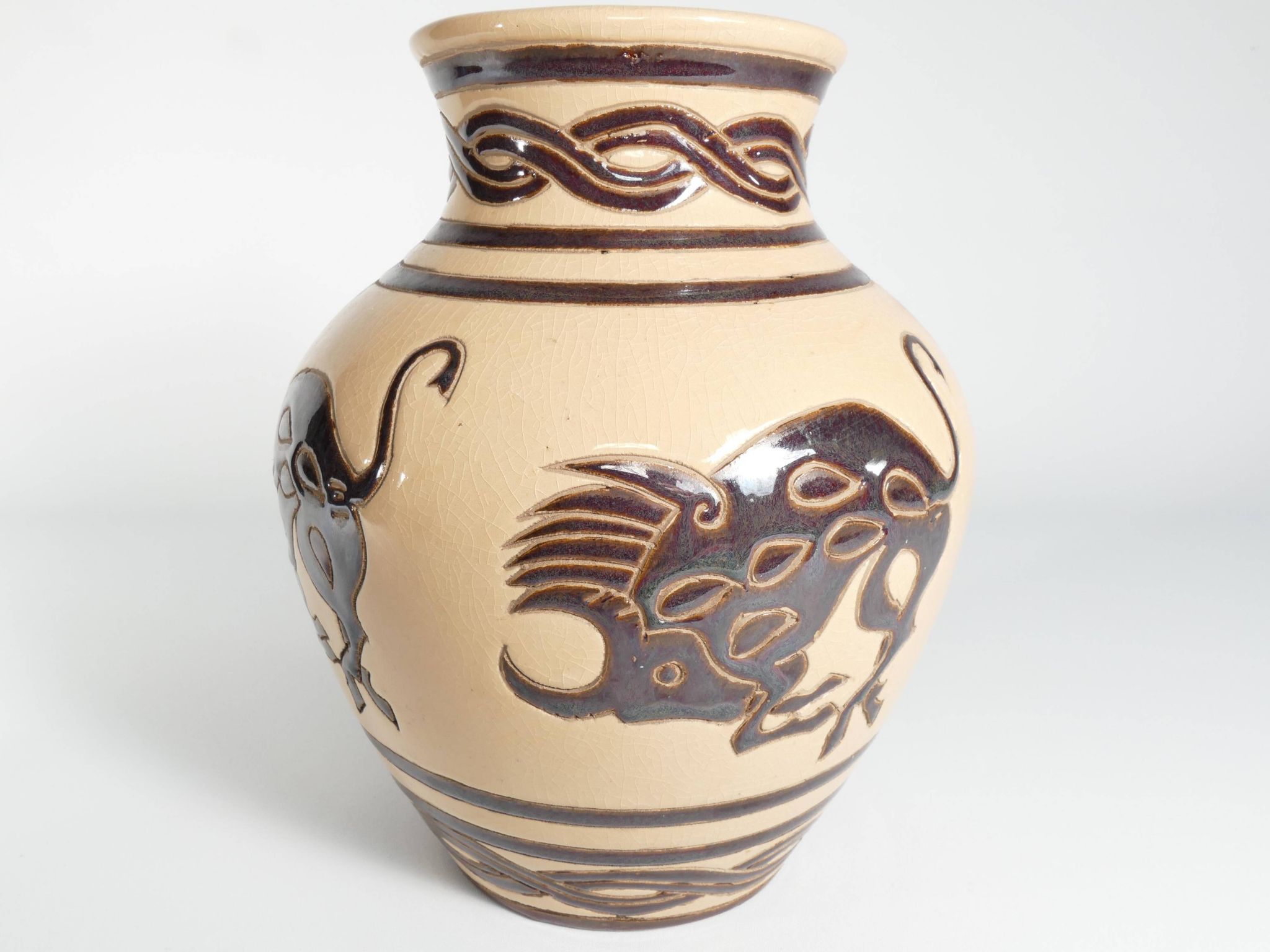 Vintage Ceramic Vase with Brown Bulls and Bands