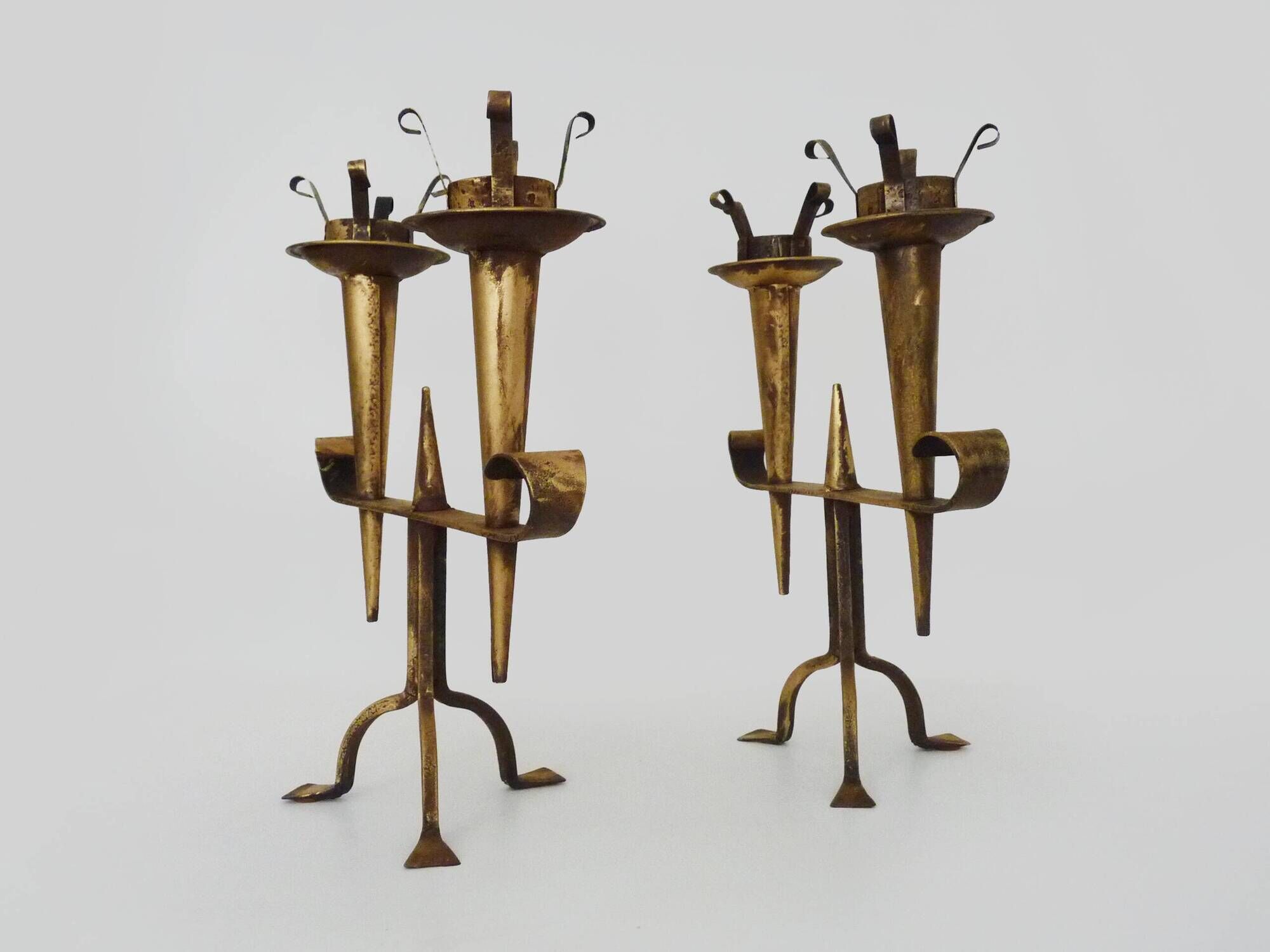 Large Pair of Vintage French Gold Wrought Iron 2 Candle Holders 60