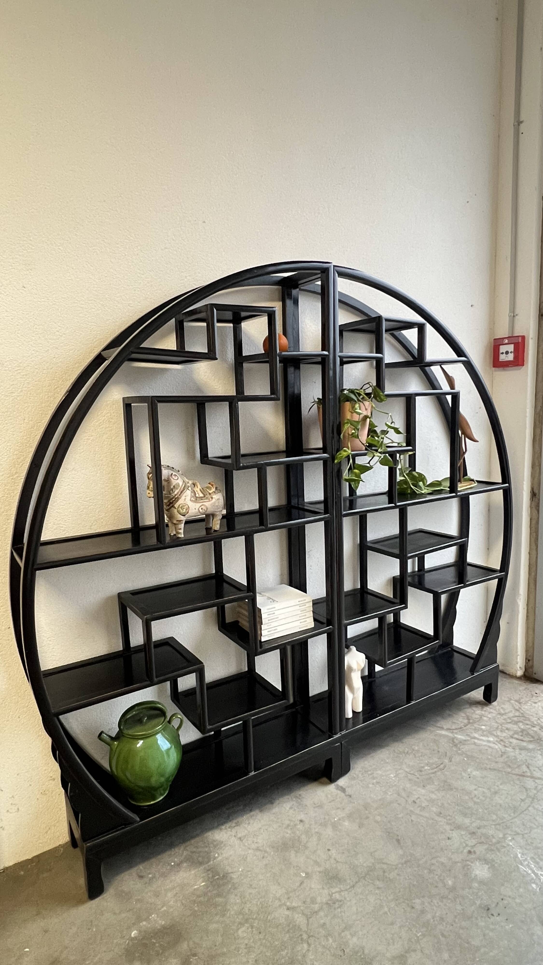 Vintage Black Circular Asian-Inspired Shelf Étagère, 2 parts