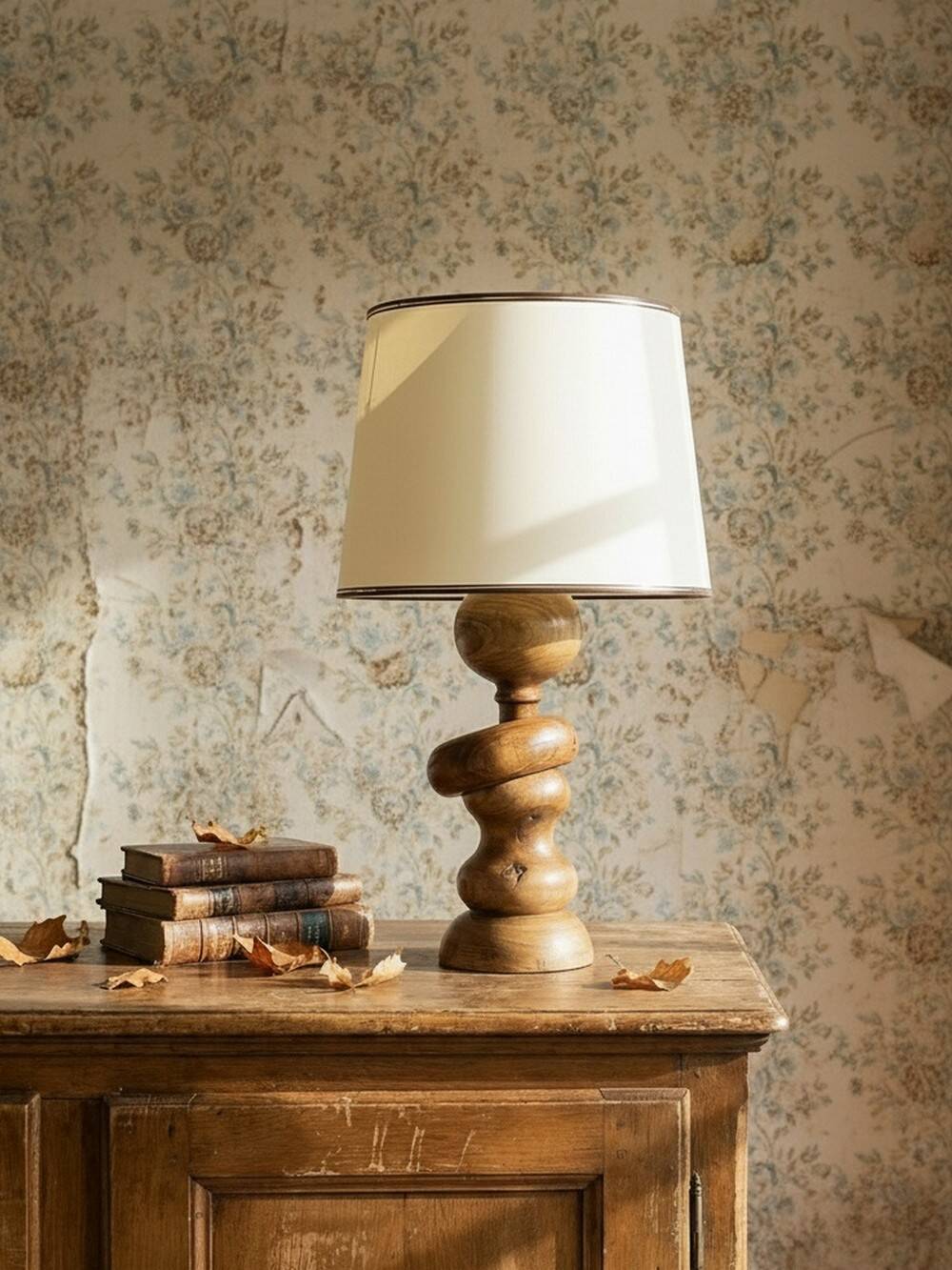 Impressive vintage Scandinavian style lamp designed with turned sculpted wood and a ring.
