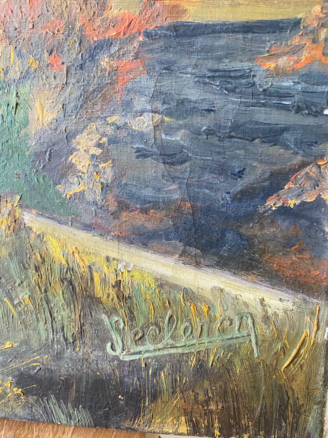 Oil on canvas mountain and river 1965