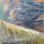 Oil on canvas mountain and river 1965