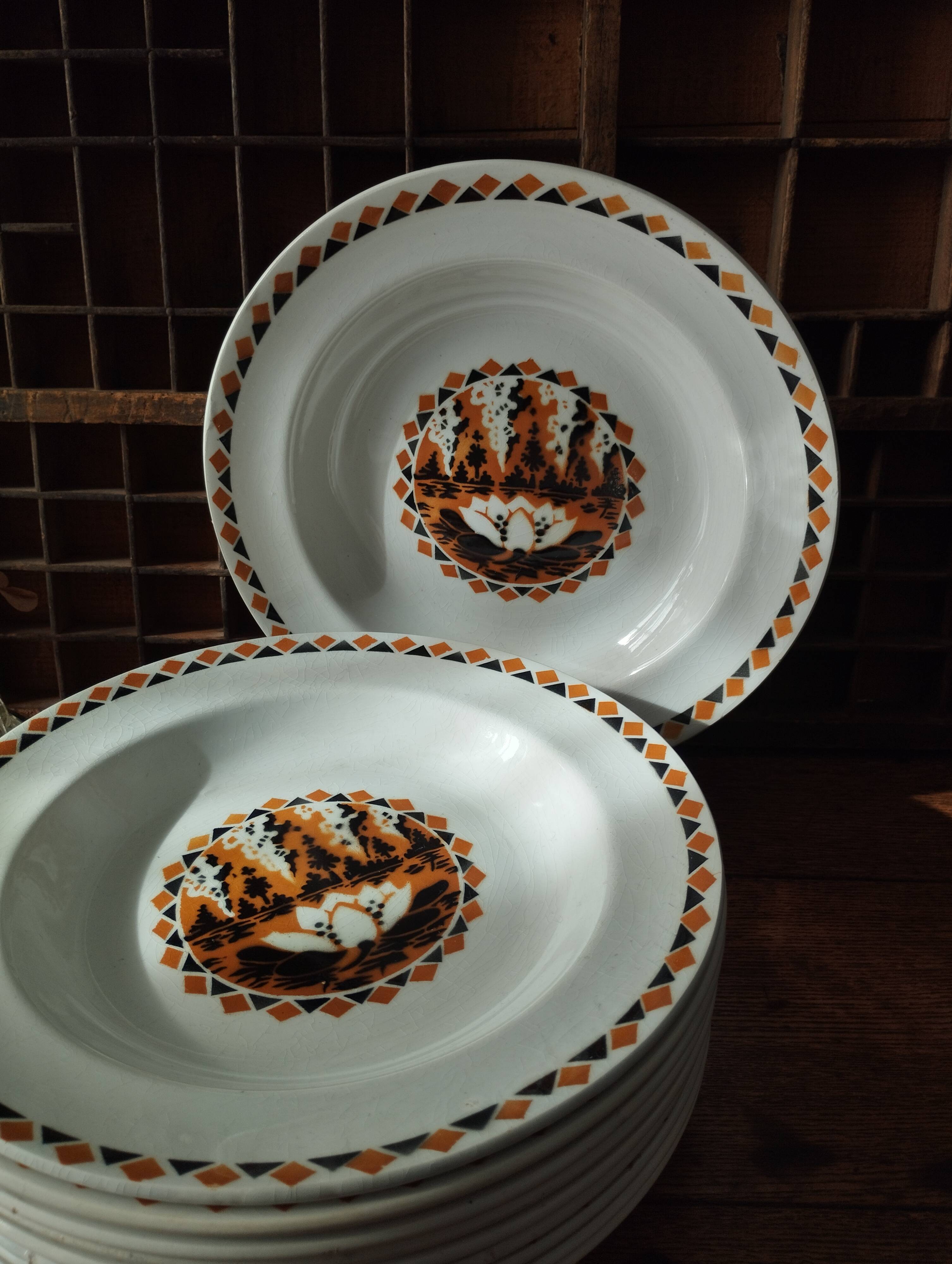 Set of 10 large ironstone plates Art Deco Saint-Amand Water Lily