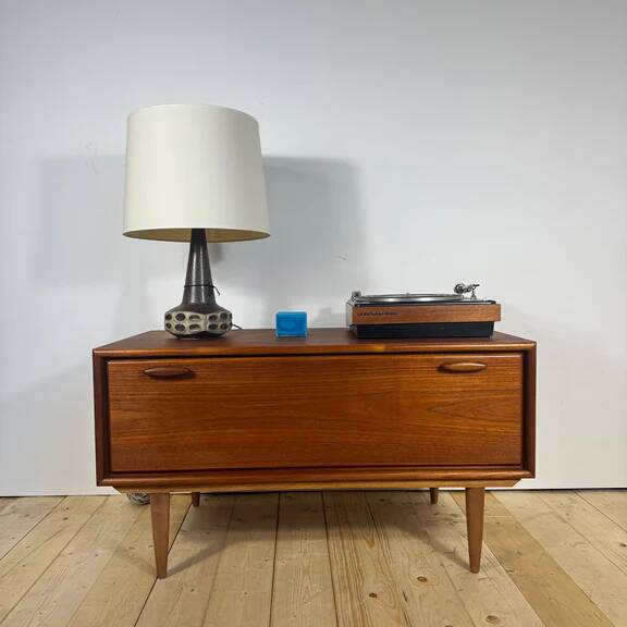 Low vintage sideboard with drop-down door – Scandinavian design 1960s, teak and elegant details