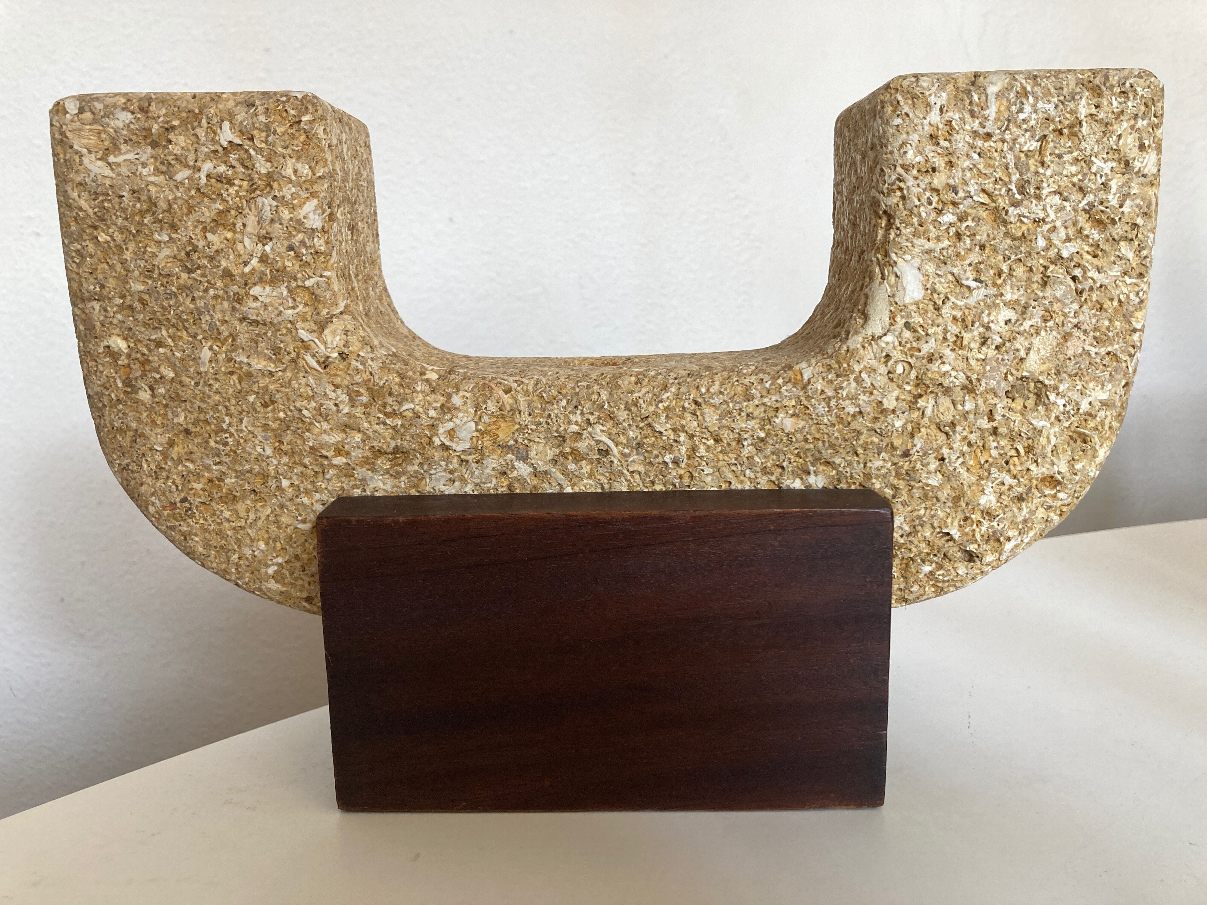 Brutalist XXL candle holder in stone and wood from the 1970s.