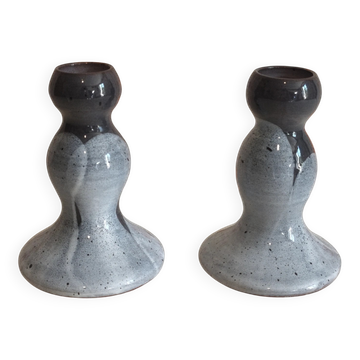 Pair of handcrafted glazed stoneware candle holders