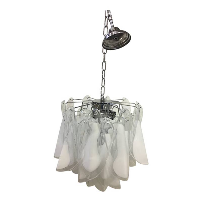 Italian White and Transparent Murano Glass Chrome Metal Frame Chandelier Sputnik