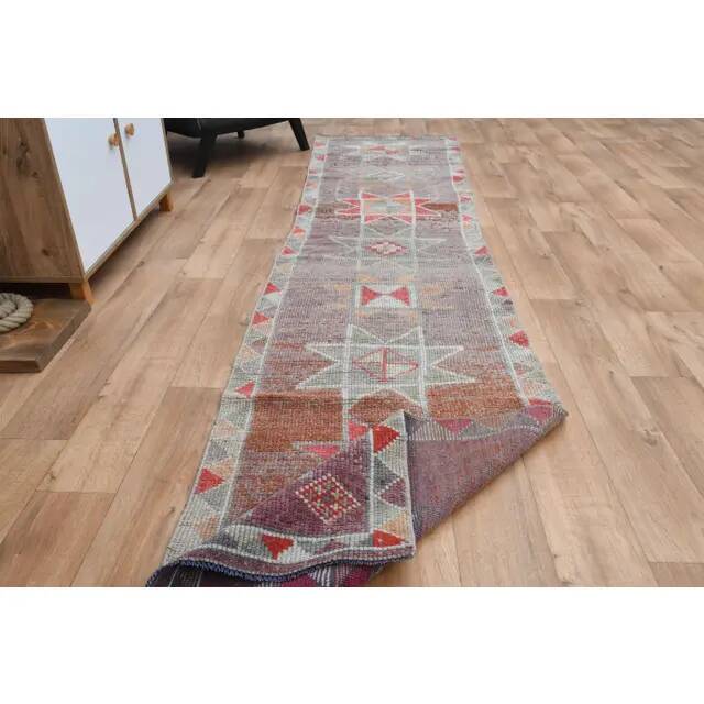 Rainbow Colorful Turkish Vintage Handmade Wool Runner Rug 86x358