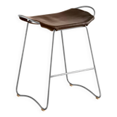 Tabouret de bar organique contemporain, métal argenté vieilli et cuir marron foncé