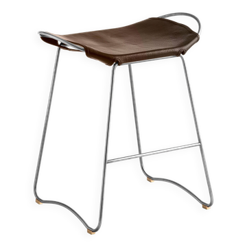 Contemporary organic bar stool, aged silver metal and dark brown leather.
