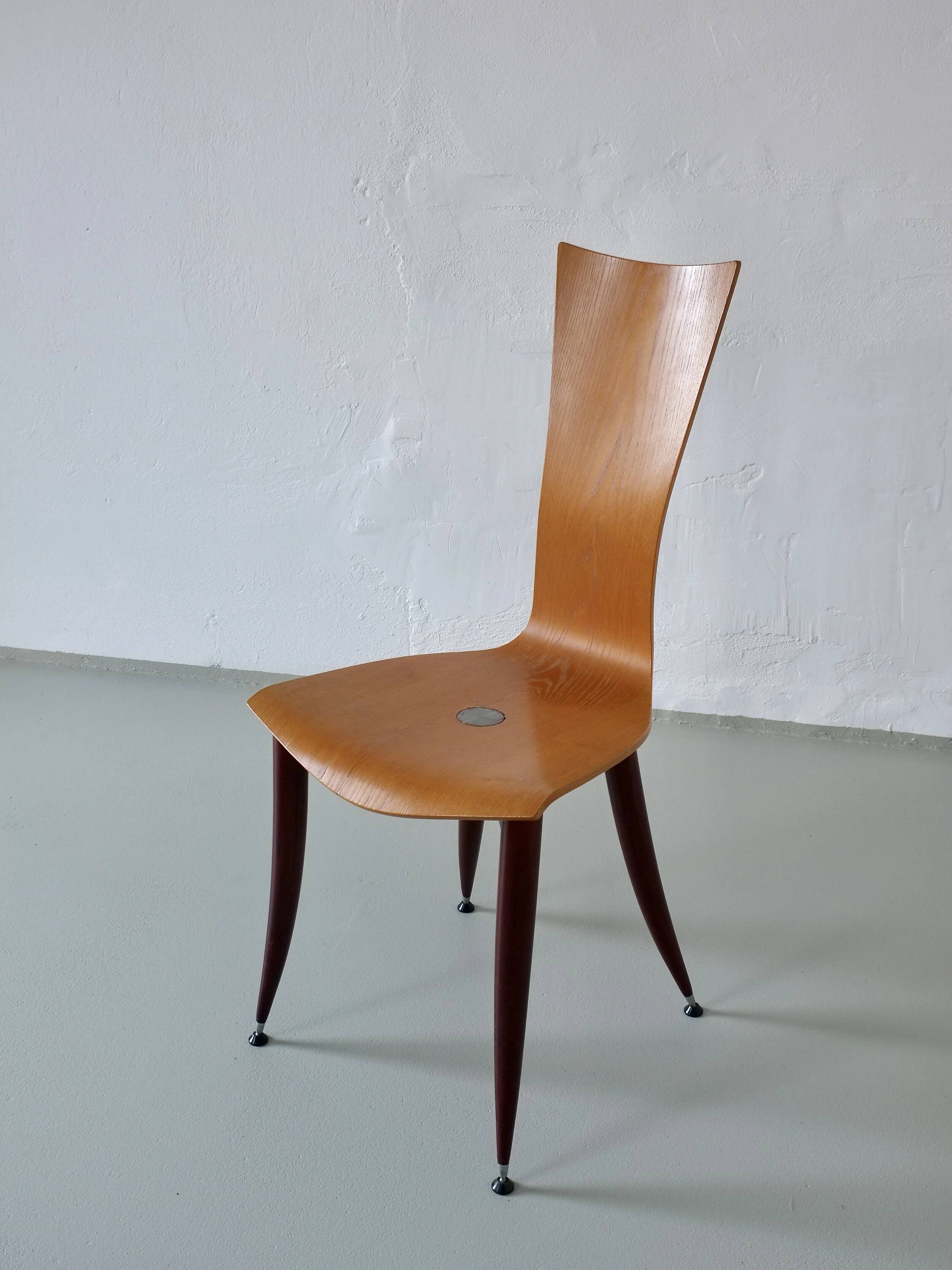 3 plywood chairs with burgundy legs | Italy | 1980s