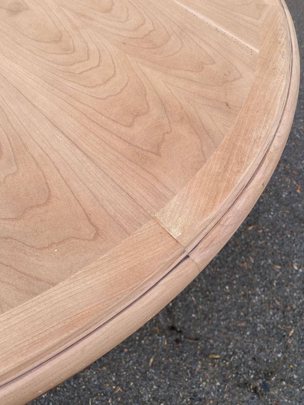 Large extendable round dining table stripped with a central wooden leg 110-198cm.