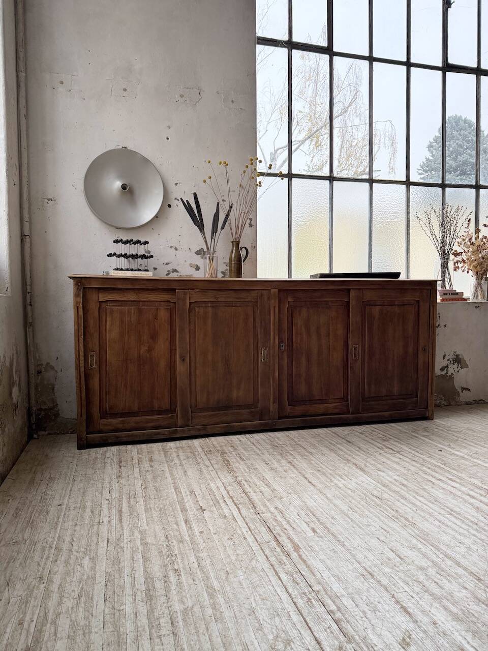 XL oak workshop sideboard with sliding doors from 1900