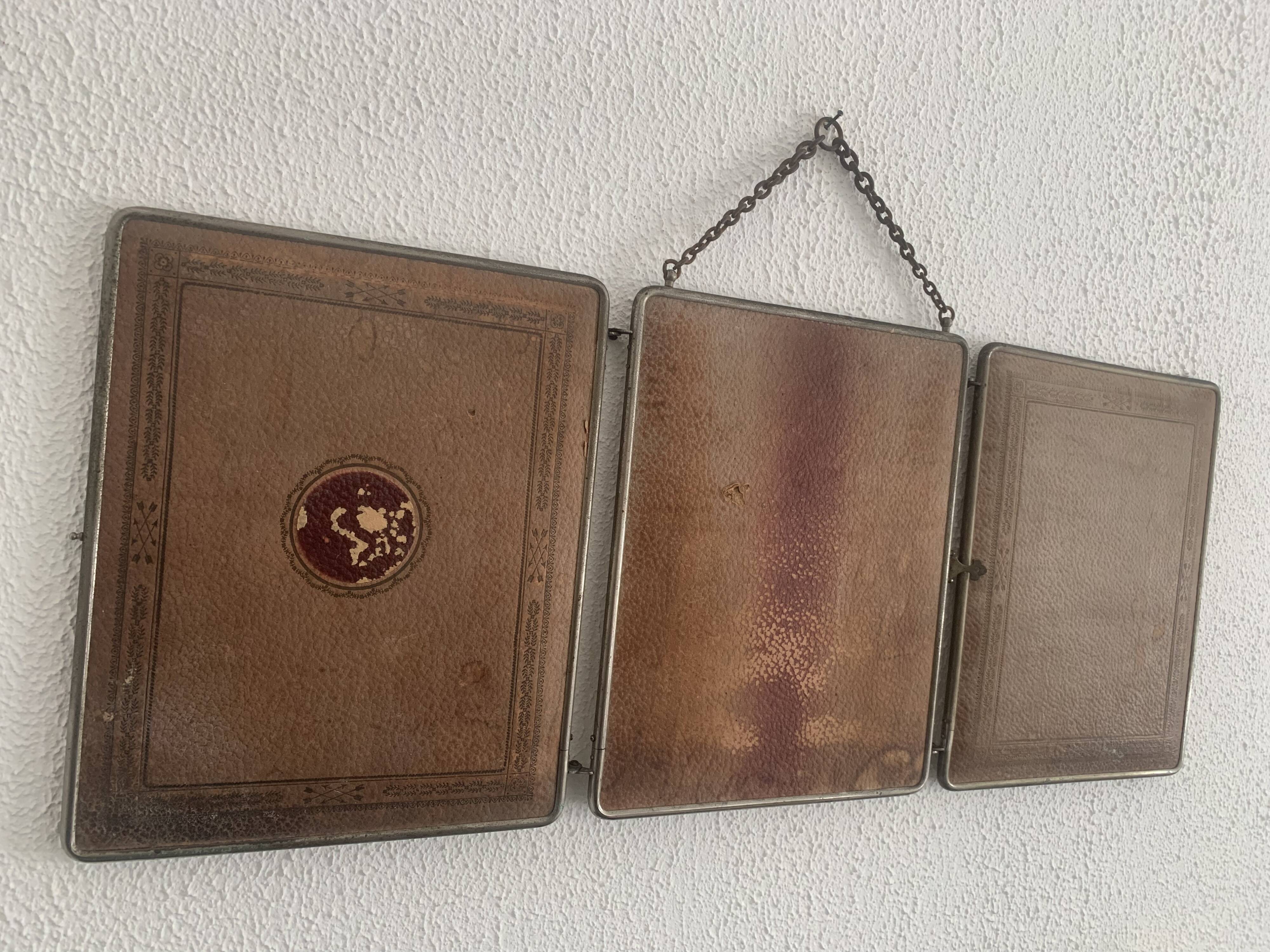 Vintage 1900 triptych mirror, old pink nickel-plated metal - 31 x 76 cm
